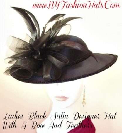 Women's Black Formal Designer Satin Dress Church Hat, Funerals Weddings Holidays 33WQ