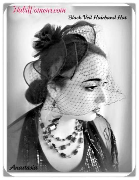Black Straw Veil Satin Hairband Wedding Hat Headpiece Cocktail Hats