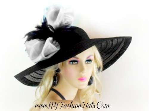 Women's Black Lime Green Formal Wide Brim Derby Church Wedding Hat, Dress Hats 7745