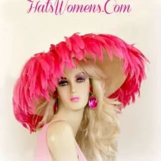 Avant Garde Hats With Feathers, Kentucky Derby Hats, Haute Couture Wedding Bridal Hats, Big Large Wide Brim Hat, Ivory Wide Brim Designer Kentucky Derby Hat With Hot Pink Feathers, Women's Hats