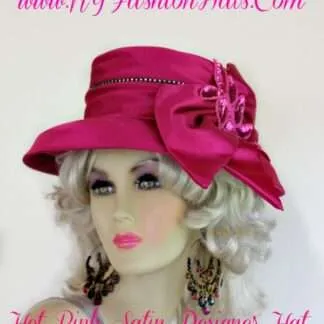 Women's Hot Pink Sequin Designer Satin Dress Hat, Weddings Church Formals Hats 8444