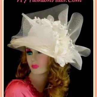 Women's Ivory Satin Formal Church Wedding Bridal Hat Flowers, Hats For Horse Races Kentucky Derby