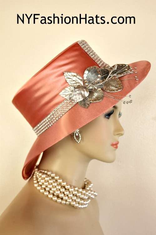 Ladies Peach Metallic Silver Abstract Wide Brim Satin Designer Church Wedding Dress Hat Flowers, Custom Millinery S882