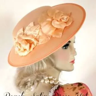 Ladies Formal Designer Peach Satin Dress Hat Flowers Wedding Hats UYG1