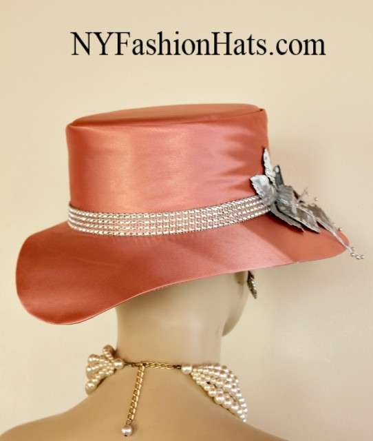 Ladies Peach Metallic Silver Abstract Wide Brim Satin Designer Church Wedding Dress Hat Flowers, Custom Millinery S882