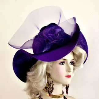 Ladies Purple Wide Brimmed Satin Designer Dress Hat NY Fashion Hats