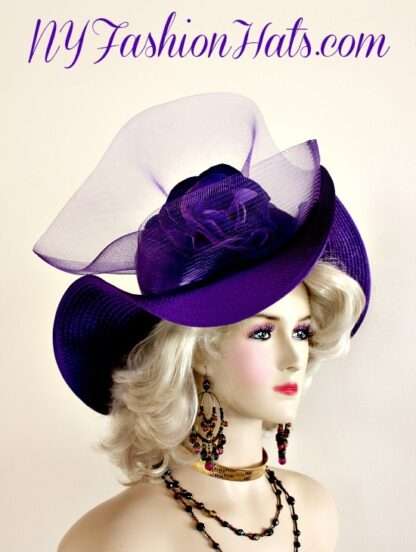 Ladies Purple Wide Brimmed Satin Designer Dress Hat NY Fashion Hats