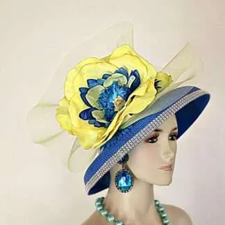 Avant Garde Fashion Hats, Haute Couture Designer Hats, Hats For Horse Races, Dress Hats For Women, Couture Royal Blue Yellow Statement Wedding Church Fashion Hat, Royal Ascot Hat, Melbourne Cup Hat, Kentucky Derby Hat, 0213