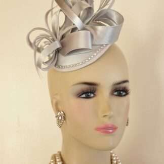 Ladies Silver Grey Satin Rhinestone Cocktail Hat Formal Wedding Fascinator, Bridal Couture Headpiece Hats Millinery Custom