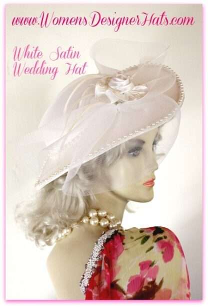 Women's White Satin Pearl Bridal Brides Wedding Hat Dressy Church Hats 44HB