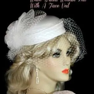 White Satin Wedding Bridal Hat Headpiece With A Veil Bridal Brides Cocktail Hats Pillbox