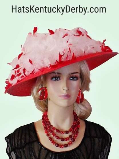 Kentucky Derby Hat For Women, Red Wide Brim Hat With Your Choice Of Feather Choices, Dress Races Wedding Church Hat 9gf