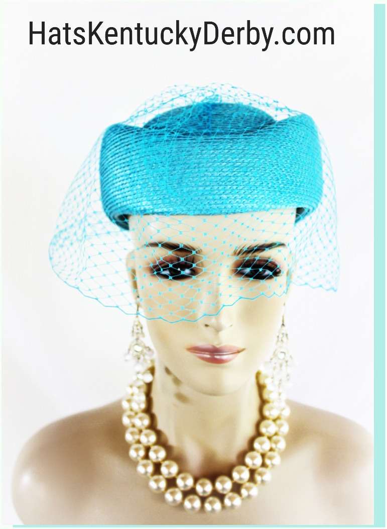 Women's Designer Turquoise Blue Pillbox Hat With A Birdcage Veil