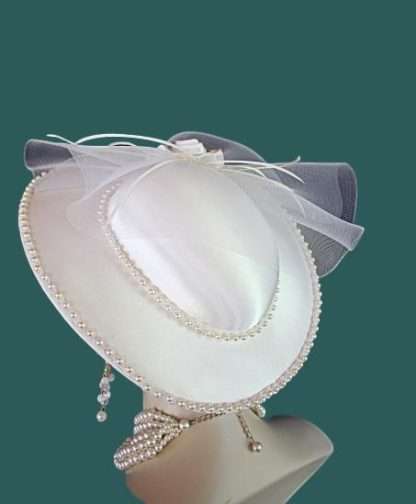 Women's White Satin Pearl Bridal Brides Wedding Hat Dressy Church Hats 44HB - Image 4